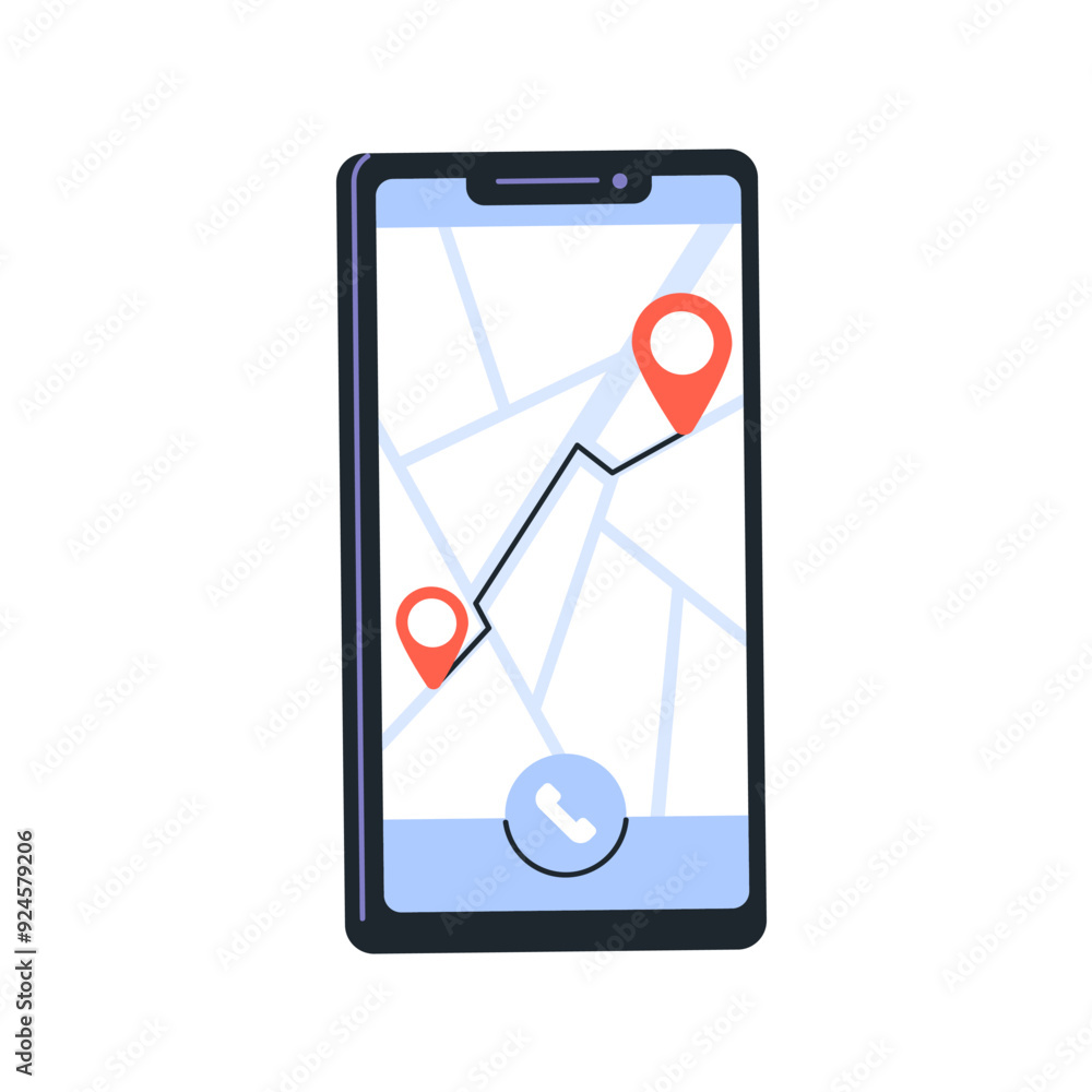 Poster Digital map, GPS app on mobile phone screen. Navigation application finding route, location. Smartphone displaying path, destination information. Flat vector illustration isolated on white background