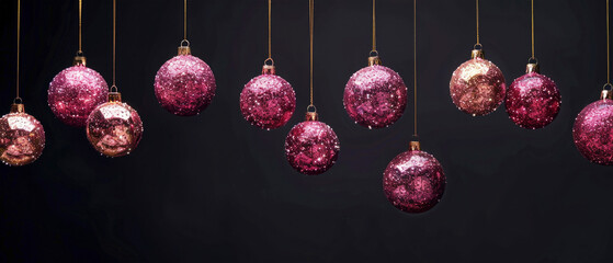 Merry Christmas celebration holiday background greeting card, hanging pink chrsitmas baubles balls isolated on black background
