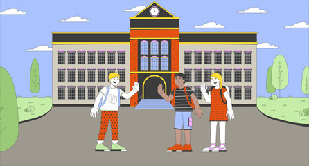 Meeting with school friends cartoon flat illustration. Hi waving schoolkids diverse schoolmates 2D characters colorful background. First day of school schoolyard scene vector storytelling image