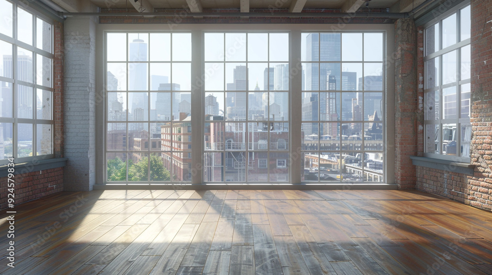 Poster an empty loft room with expansive large windows allowing natural light to flood the space.
