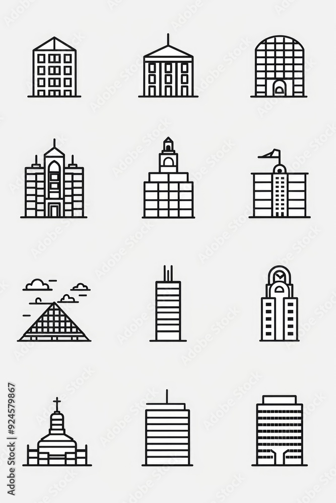 Poster a city skyline with various building types and icons