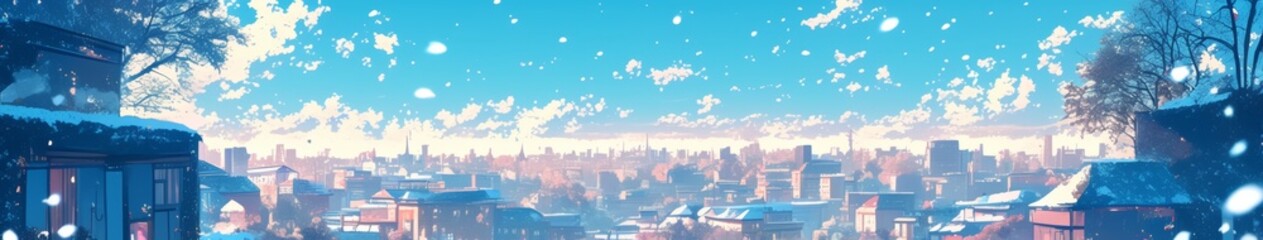 Enchanting Anime-Style Winter Campus: Top-View Snowy Wonderland for Creative Marketing. AI-Generated 4K Illustration Depicting Romantic School Grounds with Falling Snowflakes, Perfect for 2025 Winter 