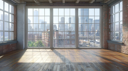 An empty loft room with expansive large windows allowing natural light to flood the space. 