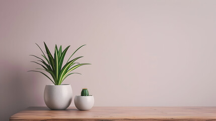 Minimalist home decor with a green plant and a cactus on a wooden table.