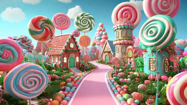 Colorful Candy Wonderland with Giant Lollipops and Whimsical Sweet-Themed Houses in a Fantasy Setting