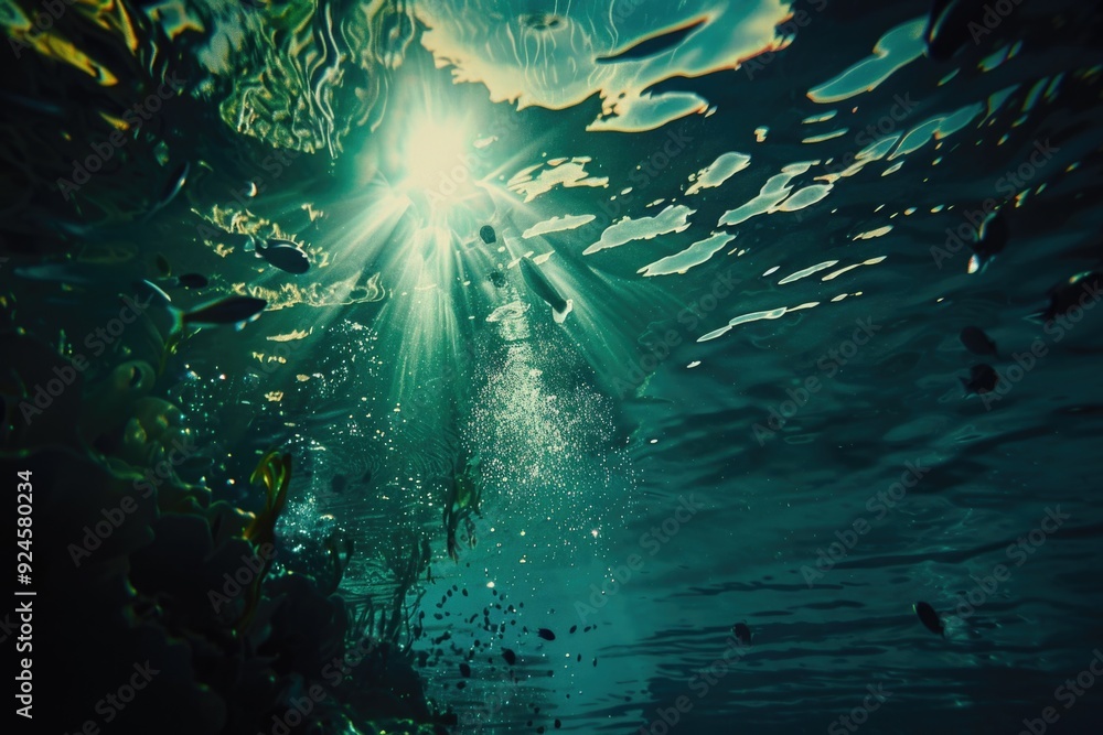 Poster a beautiful scene of sunlight shining through the water's surface, creating a warm and inviting atmo