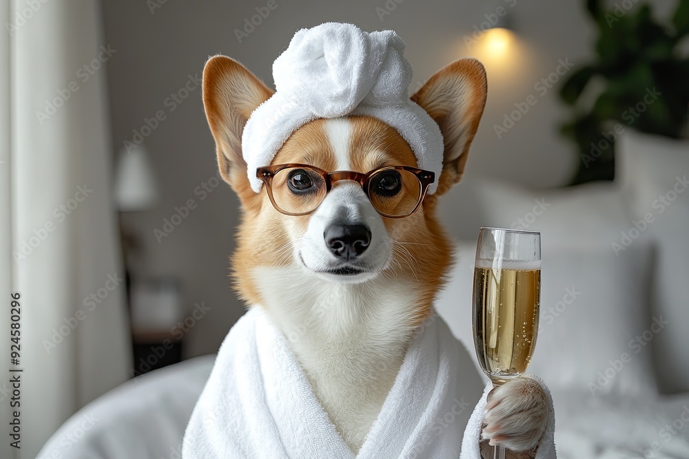 Canvas Prints A dog is wearing a towel and glasses and holding a glass of champagne