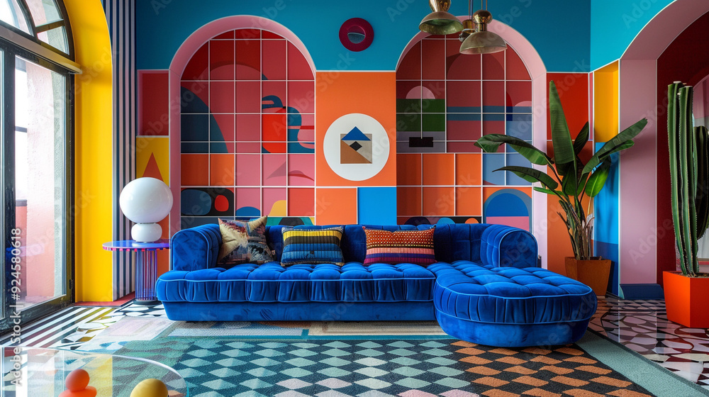 Poster a colorful lounge with memphis style wallpaper displaying layered geometric patterns in bright color