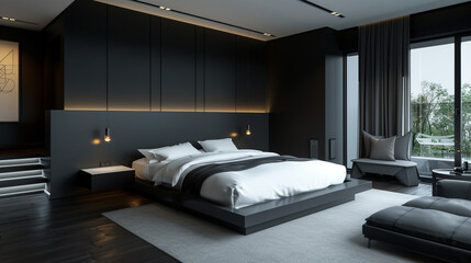A contemporary bedroom featuring a bold black and white color scheme, with a white platform bed, black accent wall, and minimalist furniture. 