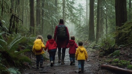 Children and an adult explore a lush, misty forest trail surrounded by towering trees