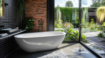 A contemporary bathroom with matte black hexagonal tile flooring, paired with a white freestanding tub, sleek black fixtures