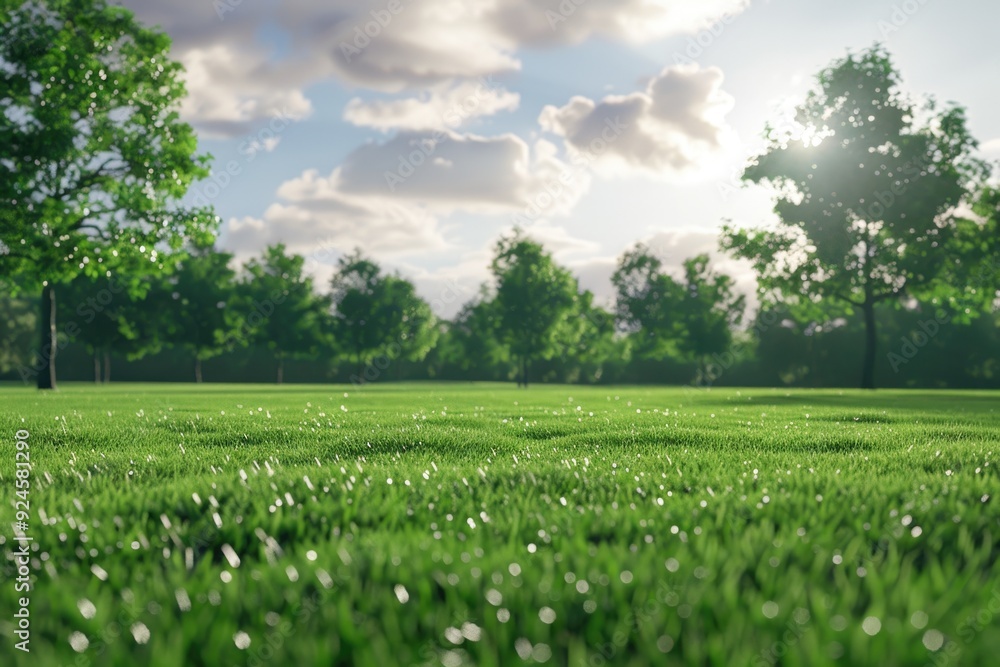 Aufkleber A serene landscape image showing a lush green field with trees standing tall in the background