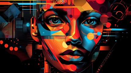 Futuristic Abstract Human Face with Geometric Patterns Representing Artificial Intelligence and Machine Recognition