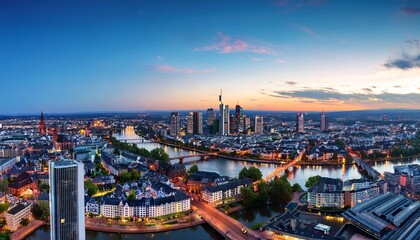Fototapeta premium High resolution aerial panoramic view of Frankfurt, Germany after sunset.city, panorama, view, landscape, architecture, skyline