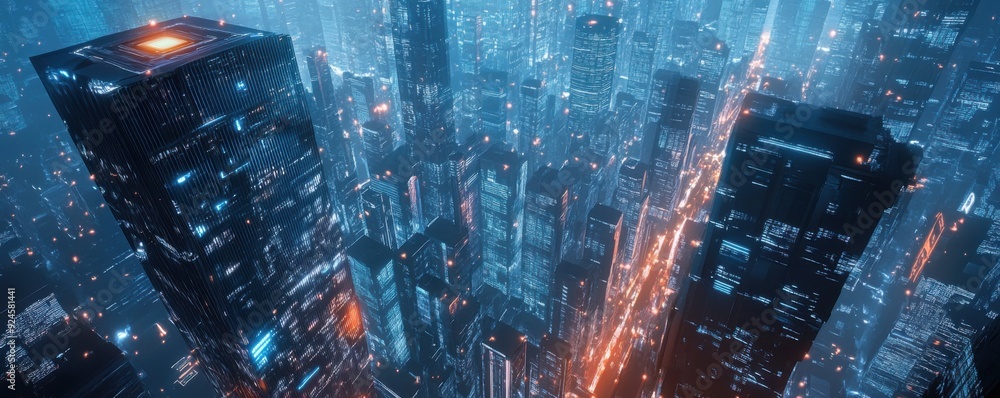 Poster digital signature: futuristic cityscape with urban ai recognition and unique building designs