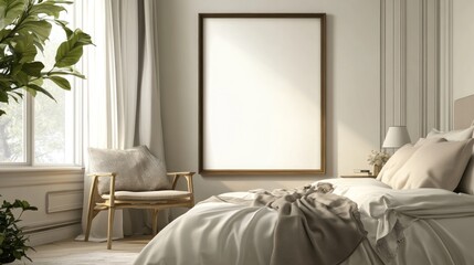 Minimalist Bedroom with a Large Blank Canvas in a Wooden Frame