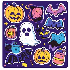 Fototapeta premium Colorful Halloween stickers featuring pumpkins, ghosts, bats, and spooky elements perfect for festive decoration and crafts.