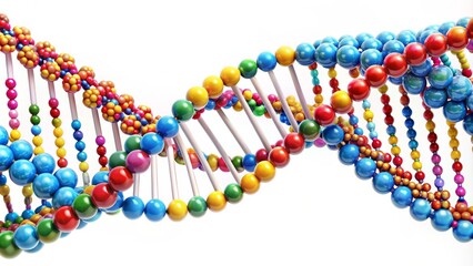 Double helix DNA molecule model with colorful nucleotide bases on a white background, representing the human genome and modern genetic research technology.