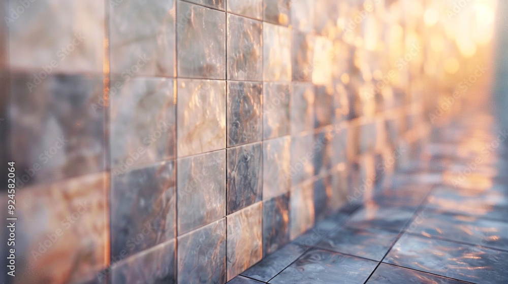 Poster a detailed close-up of marble tiles with a shallow depth of field effect, enhancing the texture and 