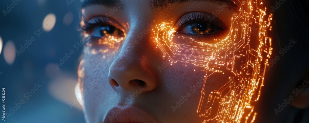 Poster futuristic cybernetic face with glowing circuits symbolizing biometric recognition technology