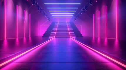 A fashion show runway with a long, sleek podium extending into the distance. 