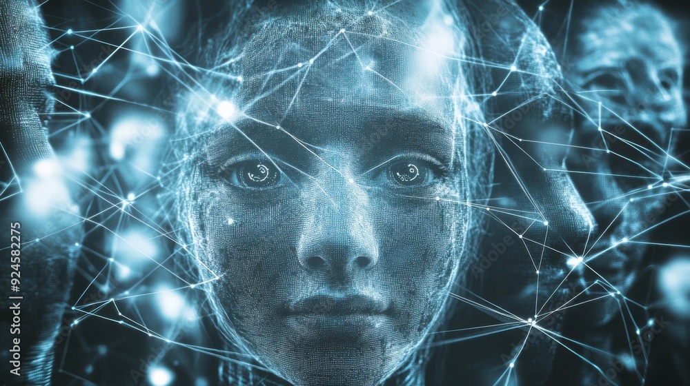 Poster global facial recognition network - faces connected by data lines