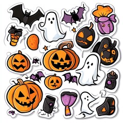 Whimsical Halloween stickers featuring pumpkins, ghosts, and bats, perfect for festive decor and creative projects.