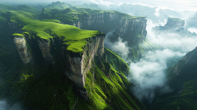  high mountains of China, aerial photography shows green grasslands and cliffs with clouds floating in front. The picture is grand, with a cinematic feel and ultra-high definition details. High contra