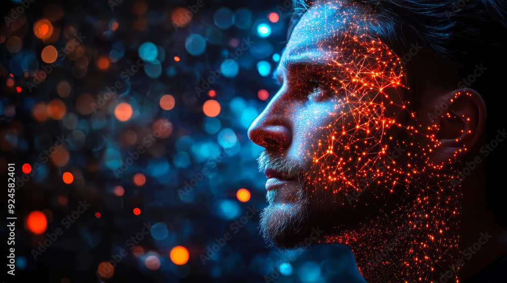 Poster side view portrait of man illuminated by neon network nodes on dark blue background, artificial inte