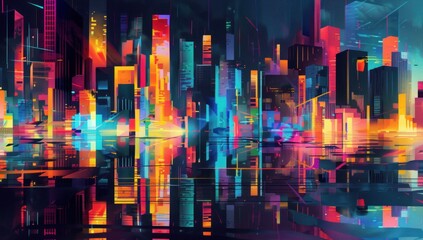 Fototapeta premium Neon Cityscape Reflection