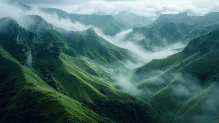  high mountains of China, aerial photography shows green grasslands and cliffs with clouds floating...