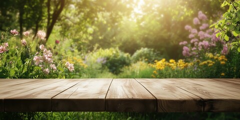 Naklejka premium Rustic wooden table in a sunlit garden surrounded by blooming flowers and lush green foliage. Perfect for outdoor product displays with a bright, warm, and colorful background.