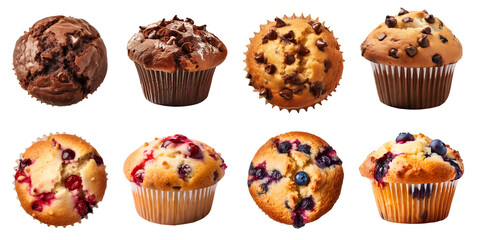 Collection of 4 muffin muffins top and front view set. Double chocolate chip, blueberry, cranberry on transparent background cutout, PNG file. Mockup template for artwork design