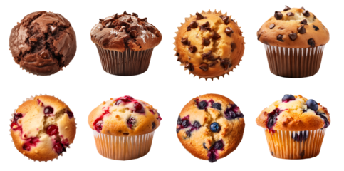 Collection of 4 muffin muffins top and front view set. Double chocolate chip, blueberry, cranberry on transparent background cutout, PNG file. Mockup template for artwork design