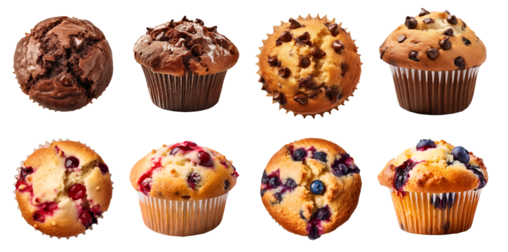 Collection of 4 muffin muffins top and front view set. Double chocolate chip, blueberry, cranberry on transparent background cutout, PNG file. Mockup template for artwork design - Powered by Adobe