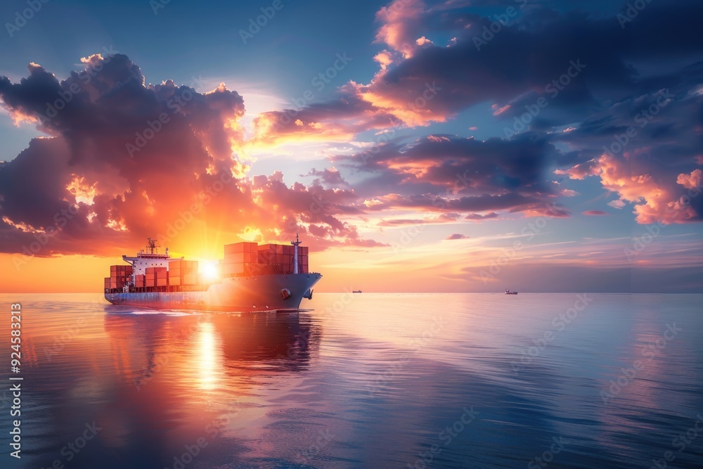 Poster a large cargo ship navigates through calm waters, suitable for use as a background or to depict mari