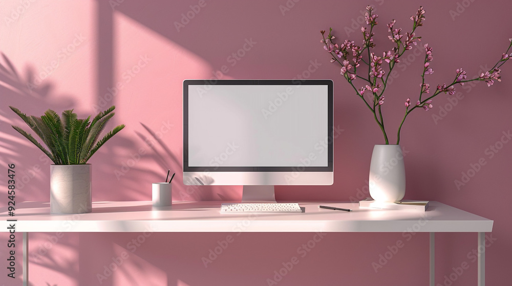Poster a minimalist workspace featuring a pc computer with a white-screen mockup on a simple desk, placed a