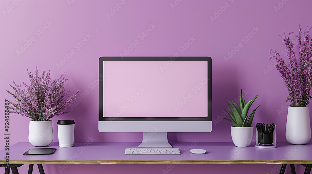 Poster a minimalist workspace featuring a pc computer with a white-screen mockup on a simple desk, placed a