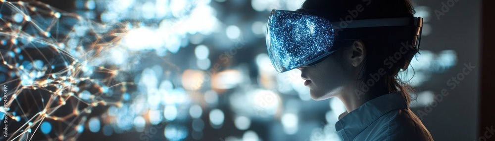 Poster person wearing virtual reality headset with network visualization