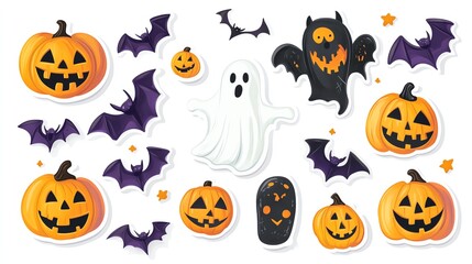 Colorful Halloween elements including pumpkins, ghosts, and bats, perfect for festive decorations and themed projects.