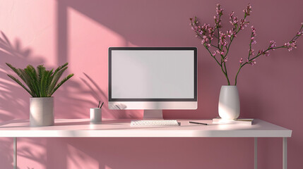 A minimalist workspace featuring a PC computer with a white-screen mockup on a simple desk, placed against a soft lavender wall. 