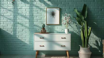 A minimalist white chest of drawers featuring clean lines, with a small potted cactus, a decorative tray, and a framed photo. T