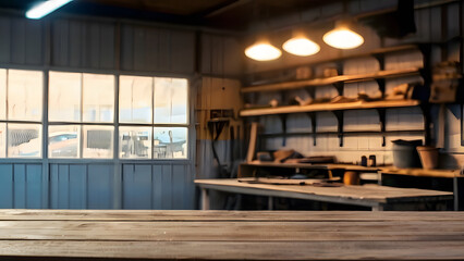 empty carpentry workshop background. copy space banner with wooden table top and blurred modern studio with window