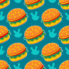 whimsical, repeating, seamless pattern, burger , encaustic monotype printing