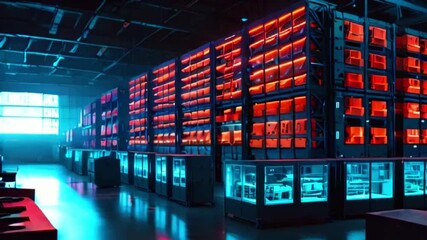 Rows of glowing shelves with red and blue lighting, showcasing a futuristic interior design. - Powered by Adobe