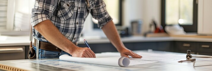 A person leaning over architectural plans on a workshop table, illustrating the dedication and precision in construction and design work.