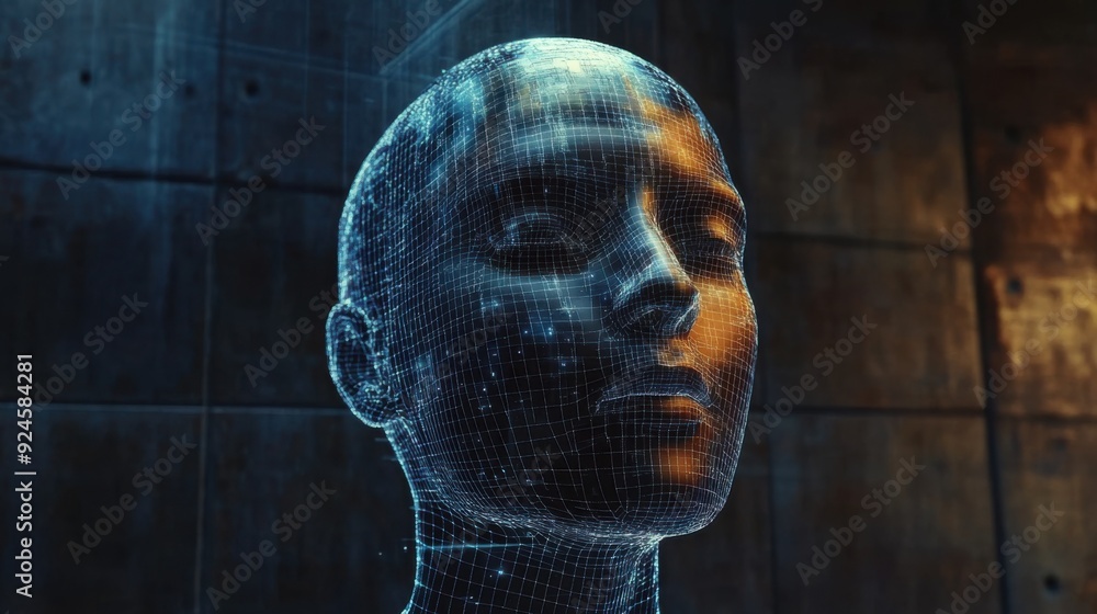 Poster futuristic concept of floating holographic head with grid lines for virtual facial recognition