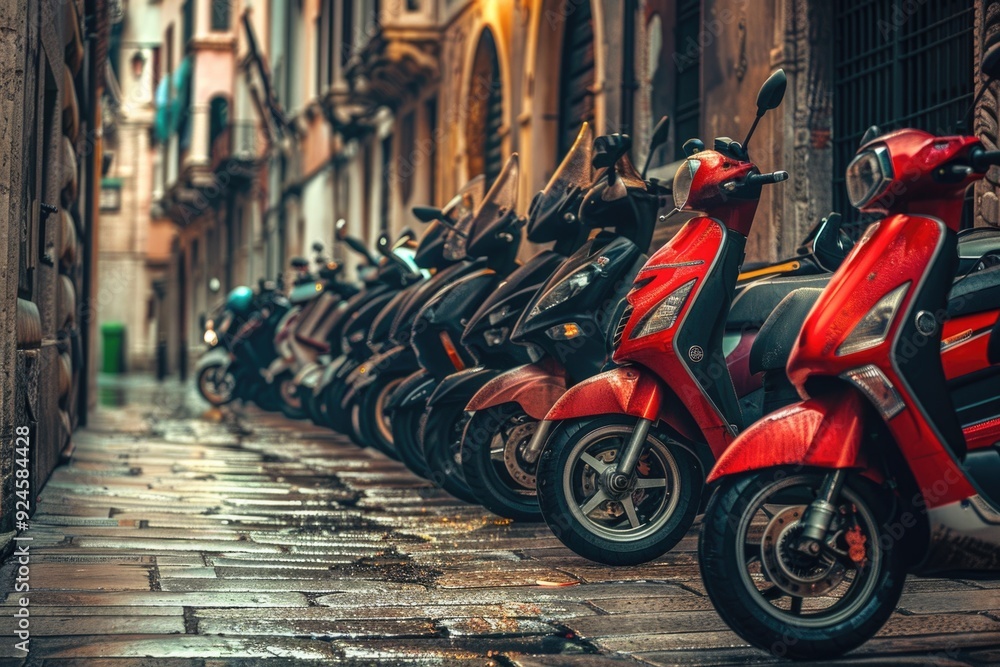 Poster a row of motor scooters parked on a cobblestone street with old buildings in the background