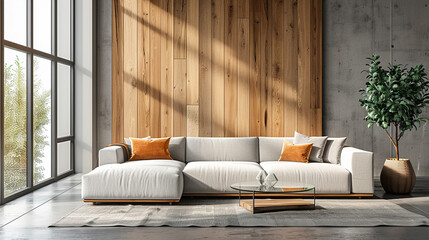 A modern minimalist living room with a neutral color palette, featuring a light grey sofa, a wooden accent wall, and a simple glass coffee table