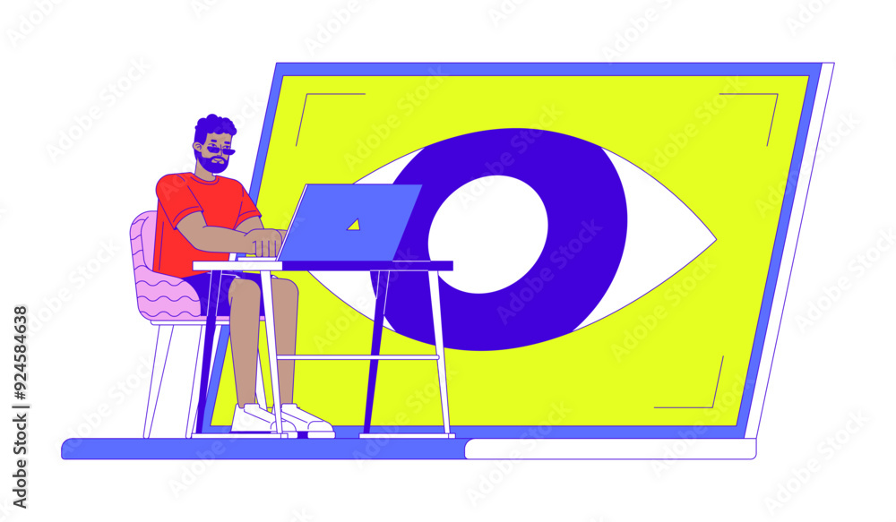 Poster eye control in laptop 2d illustration concept. black man interacting with notebook via eye movements